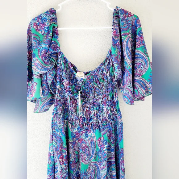 Kasturi Women's Boho Silk Smocked Colorful Paisley Print Maxi Dress Sm/Med NWT - Picture 3 of 7